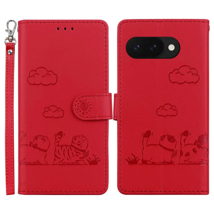 For Google Pixel 9a Case RFID Blocking Kitten Pattern TPU+PU Leather Phone Cover - Red