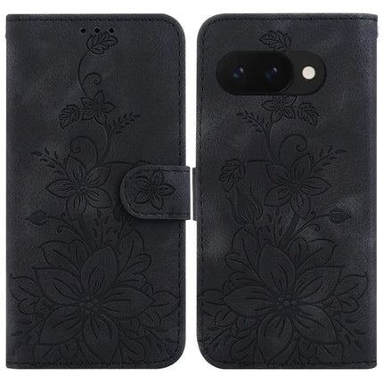 For Google Pixel 9a Case Lily Flower Imprint Leather Phone Cover with Stand - Black