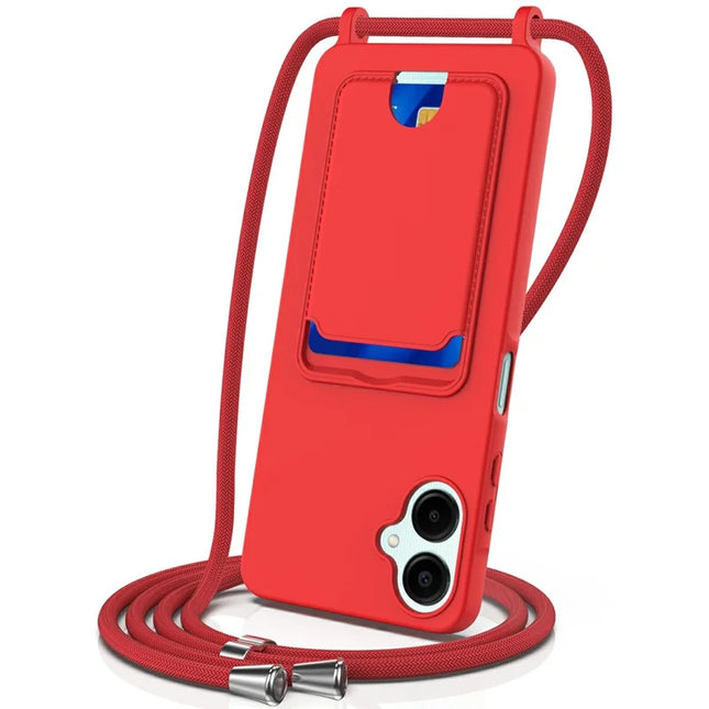 For Samsung Galaxy A06 Case Liquid Silicone Card Holder Phone Back Cover with Lanyard - Red