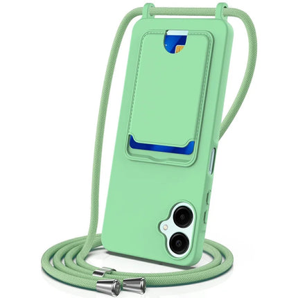 For Samsung Galaxy A06 Case Liquid Silicone Card Holder Phone Back Cover with Lanyard - Green