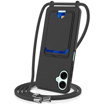 For Samsung Galaxy A06 Case Liquid Silicone Card Holder Phone Back Cover with Lanyard - Black