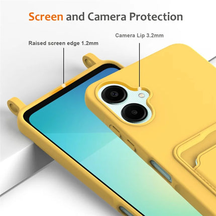 For Samsung Galaxy A06 Case Liquid Silicone Card Holder Phone Back Cover with Lanyard