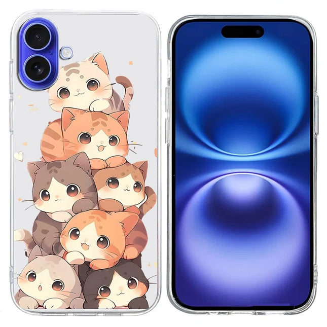 For iPhone 16 Plus Case Pattern Printing Shockproof Soft TPU Phone Cover -  Multiple Kittens
