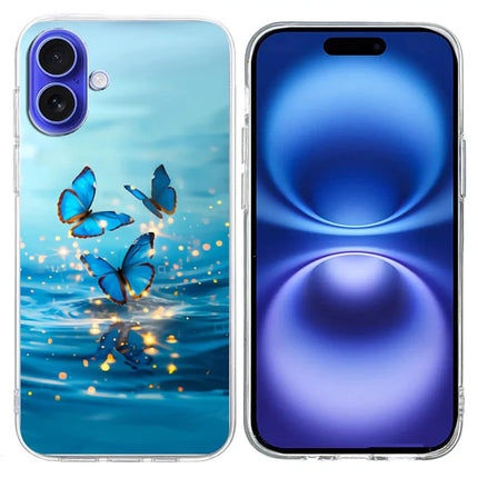 For iPhone 16 Plus Case Pattern Printing Shockproof Soft TPU Phone Cover - Blue Butterfly