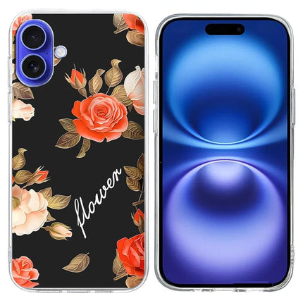For iPhone 16 Plus Case Pattern Printing Shockproof Soft TPU Phone Cover - Black Background Flowers