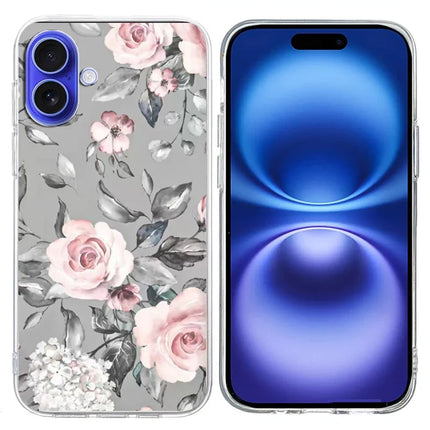 For iPhone 16 Plus Case Pattern Printing Shockproof Soft TPU Phone Cover - Grey Background Flowers