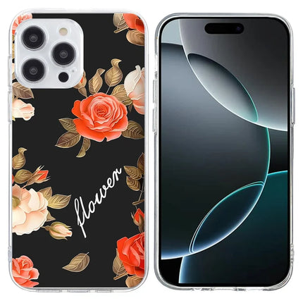 For iPhone 16 Pro Case Pattern Printing Shockproof Soft TPU Phone Cover - Black Background Flowers