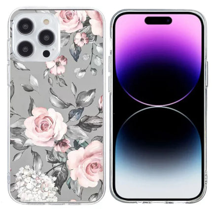 For iPhone 15 Pro Max Case Pattern Printing Shockproof Soft TPU Phone Cover - Grey Background Flowers