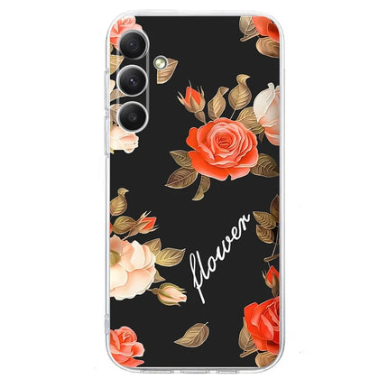 For Samsung Galaxy A54 5G Case Pattern Printing Shockproof Soft TPU Phone Cover - Black Background Flowers