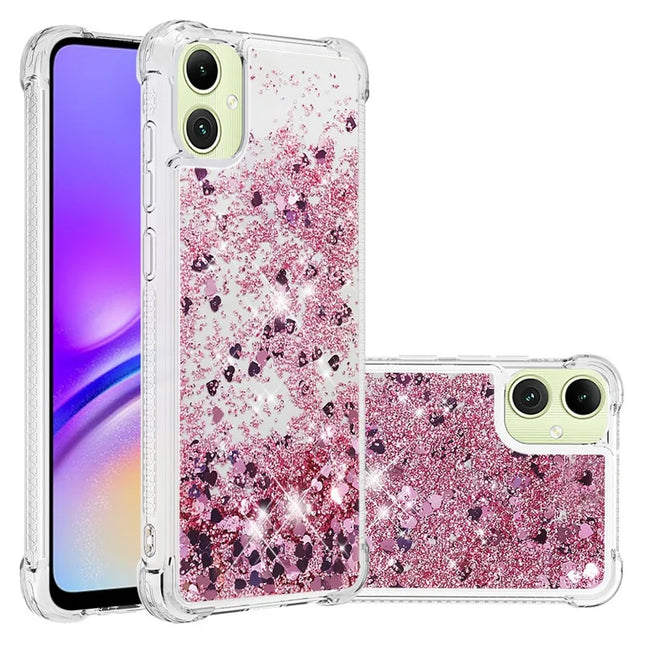 For Samsung Galaxy A06 TPU Case Glitter Quicksand Shockproof Phone Back Cover - Rose Gold / Hearts