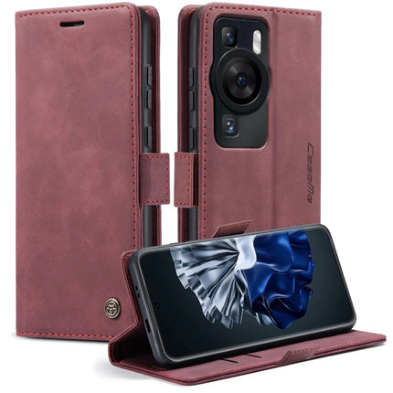 For Huawei P60 Pro Case CASEME 013 Series Card Holder Stand Leather Phone Cover - Red