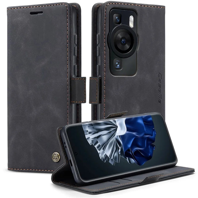 For Huawei P60 Case CASEME 013 Series Card Holder Stand Leather Phone Cover - Black