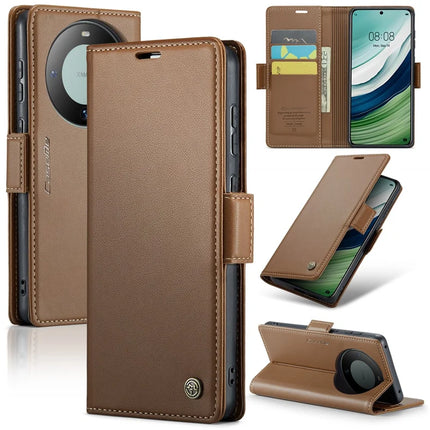 For Huawei Mate 60 Case CASEME 023 Series RFID Blocking Glossy Stand Phone Cover - Brown
