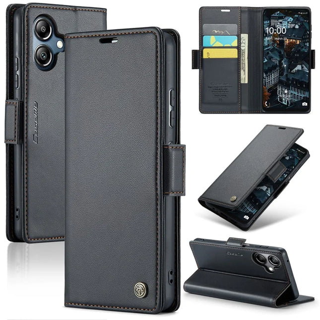 For Samsung Galaxy A06 Case CASEME 023 Series RFID Blocking Glossy Stand Phone Cover - Black