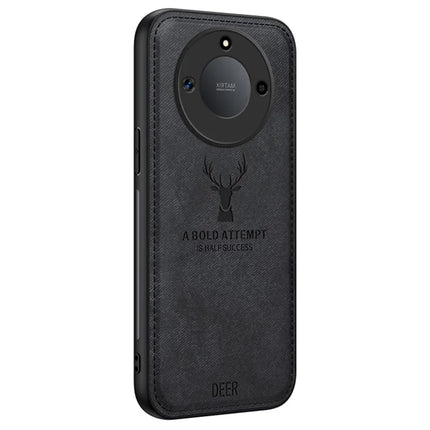 For Honor X60 5G Case Deer Pattern Cloth Texture PU Leather Hybrid Phone Cover - Black