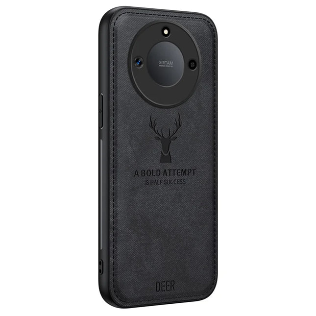 For Honor X60 5G Case Deer Pattern Cloth Texture PU Leather Hybrid Phone Cover - Black