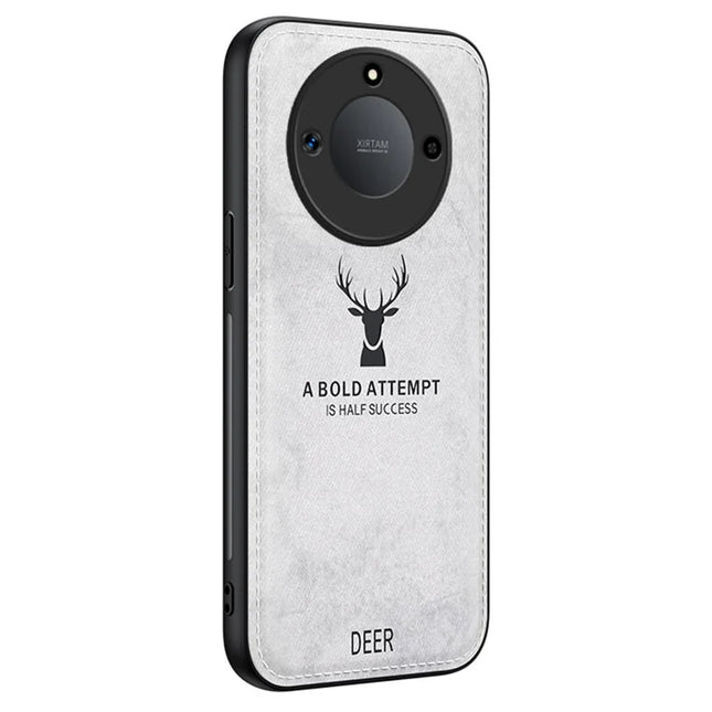 For Honor X60 5G Case Deer Pattern Cloth Texture PU Leather Hybrid Phone Cover - Grey