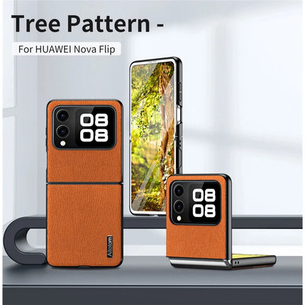 For Huawei nova Flip 5G Case Wood Texture PU Leather Coated PC+TPU Phone Cover
