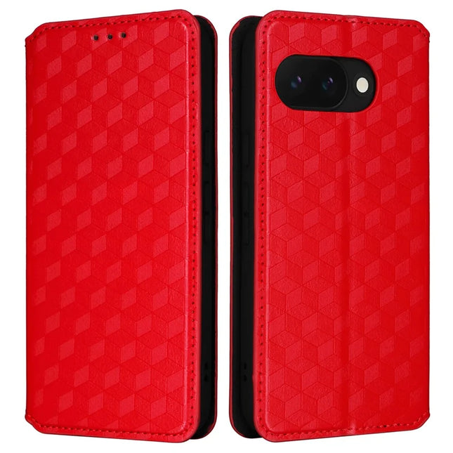For Google Pixel 9a Wallet Case Rhombus Imprinted Leather Phone Cover - Red