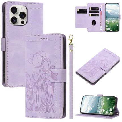 For iPhone 16 Pro Case Tulip Leather Phone Cover with 5 Card Slots Wallet - Purple