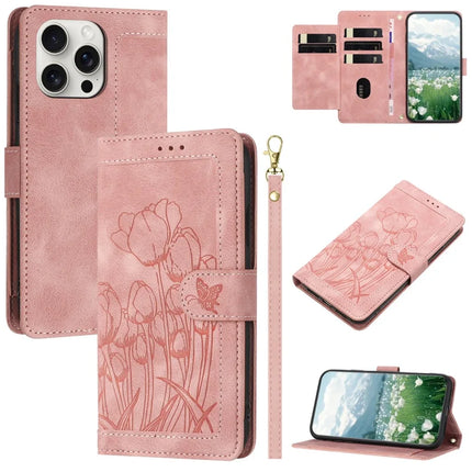 For iPhone 16 Pro Max Case Tulip Leather Phone Cover with 5 Card Slots Wallet - Pink