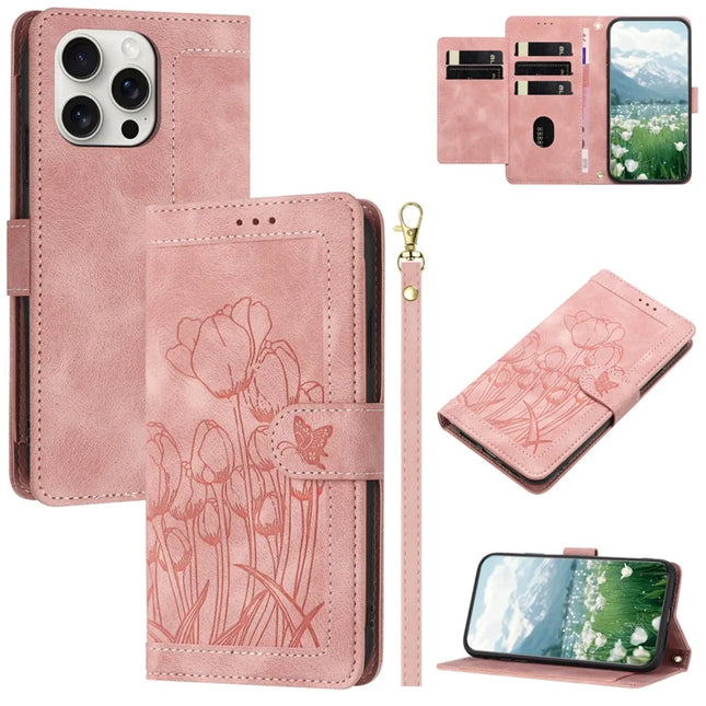 For iPhone 16 Pro Max Case Tulip Leather Phone Cover with 5 Card Slots Wallet - Pink