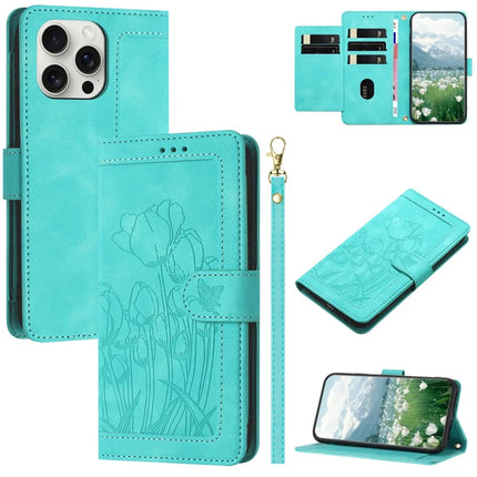 For iPhone 16 Pro Max Case Tulip Leather Phone Cover with 5 Card Slots Wallet - Green