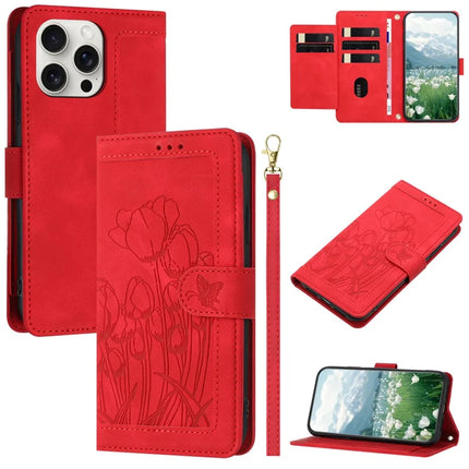 For iPhone 16 Pro Max Case Tulip Leather Phone Cover with 5 Card Slots Wallet - Red