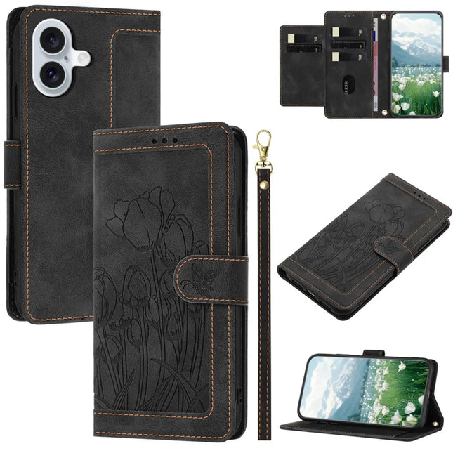 For iPhone 16 Plus Case Tulip Leather Phone Cover with 5 Card Slots Wallet - Black