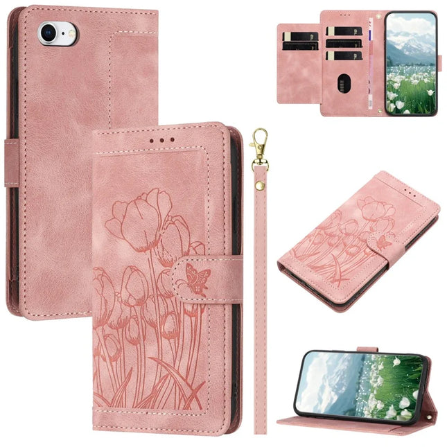 For iPhone 16e Case Tulip Leather Phone Cover with 5 Card Slots Wallet - Pink