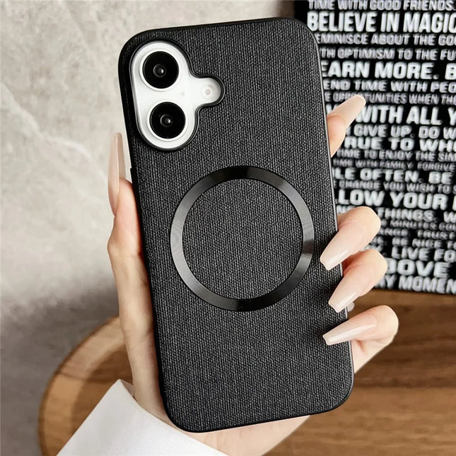 For iPhone 16 Case Drop-Proof TPU+Cloth Back Phone Cover Compatible with MagSafe - Black