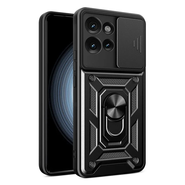 For Motorola Edge 50 5G Case with Slide Camera Lid PC+TPU Kickstand Phone Cover - Black