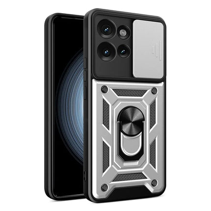 For Motorola Edge 50 5G Case with Slide Camera Lid PC+TPU Kickstand Phone Cover - Silver