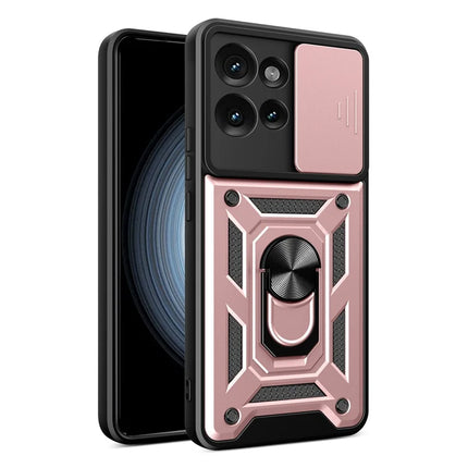 For Motorola Edge 50 5G Case with Slide Camera Lid PC+TPU Kickstand Phone Cover - Rose Gold