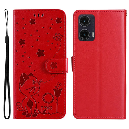 For Motorola Moto G35 5G Case Cat Bee Pattern Leather Phone Cover - Red