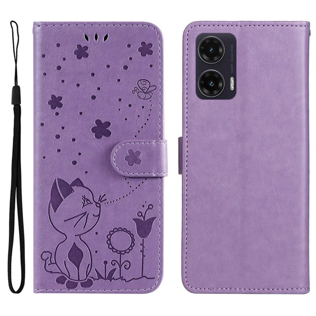 For Motorola Moto G35 5G Case Cat Bee Pattern Leather Phone Cover - Light Purple
