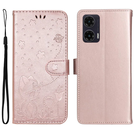 For Motorola Moto G35 5G Case Cat Bee Pattern Leather Phone Cover - Rose Gold