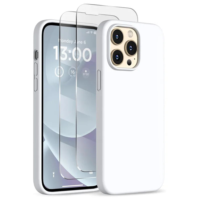 For iPhone 13 Pro Max Case Compatible with MagSafe Liquid Silicone Cover with 2 Tempered Glass Screen Films - White