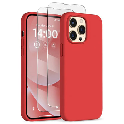 For iPhone 13 Pro Max Case Compatible with MagSafe Liquid Silicone Cover with 2 Tempered Glass Screen Films - Red