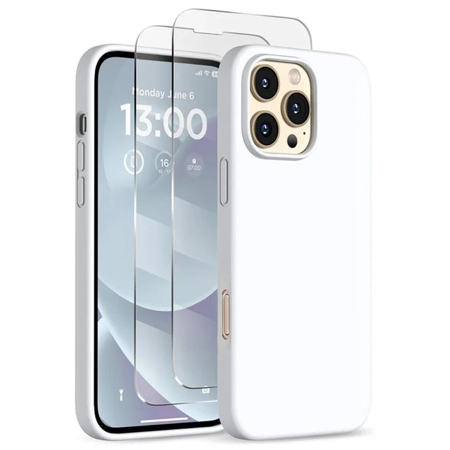 For iPhone 16 Pro Max Case Compatible with MagSafe Liquid Silicone Cover with 2 Tempered Glass Screen Films - White
