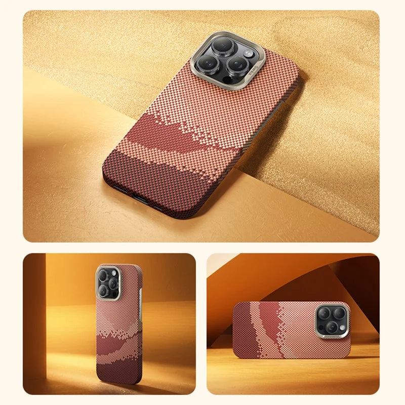 ShopCaseCart Lightweight Durable iPhone 16 Pro Protective cover Compatible with MagSafe Carbon Fiber Texture Aramid Fiber + PC Phone Cover, Gold