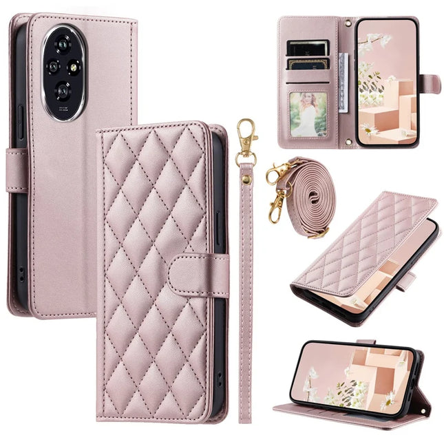 For Honor 200 5G Wallet Case Rhombus Grid PU Leather Phone Cover - Rose Gold