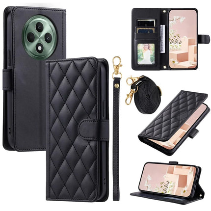 For Oppo Reno12 F 4G Wallet Case Rhombus Grid PU Leather Phone Cover - Black