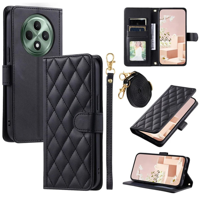 For Oppo Reno12 F 4G Wallet Case Rhombus Grid PU Leather Phone Cover - Black
