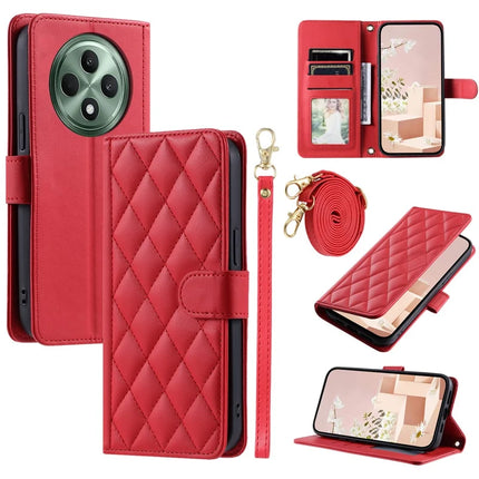 For Oppo Reno12 F 4G Wallet Case Rhombus Grid PU Leather Phone Cover - Red