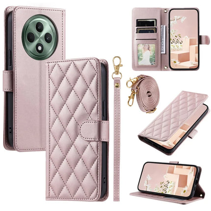 For Oppo Reno12 F 4G Wallet Case Rhombus Grid PU Leather Phone Cover - Rose Gold