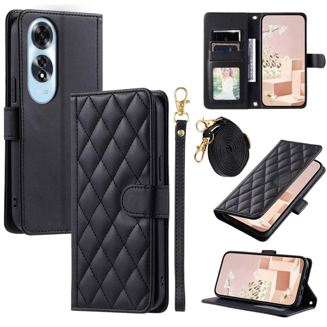 For Oppo A60 4G Wallet Case Rhombus Grid PU Leather Phone Cover - Black