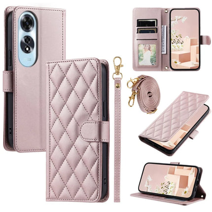 For Oppo A60 4G Wallet Case Rhombus Grid PU Leather Phone Cover - Rose Gold