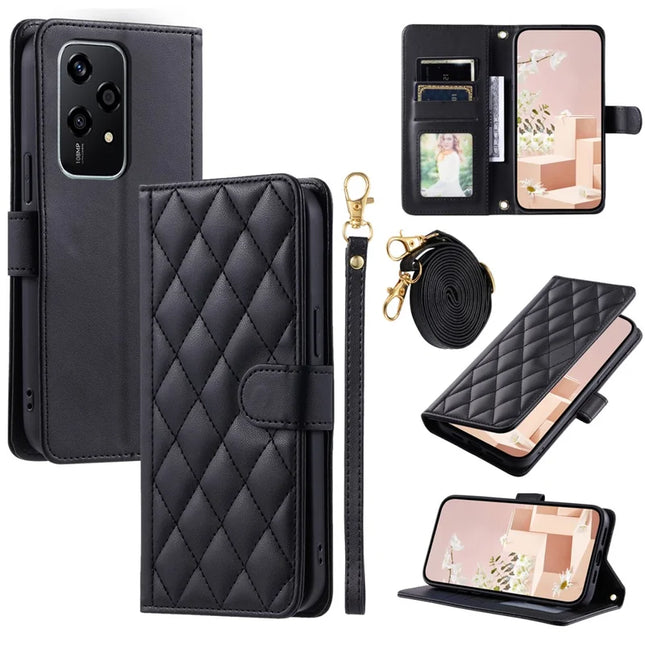 For Honor 200 Lite Wallet Case Rhombus Grid PU Leather Phone Cover - Black