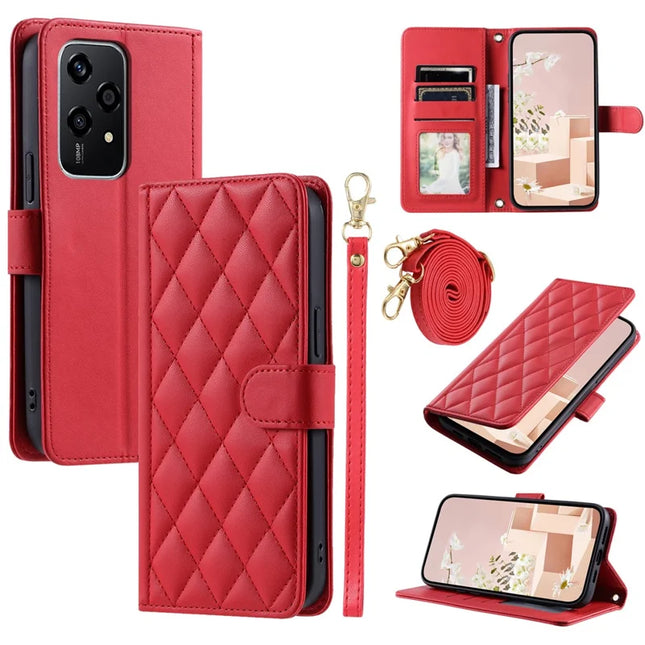 For Honor 200 Lite Wallet Case Rhombus Grid PU Leather Phone Cover - Red